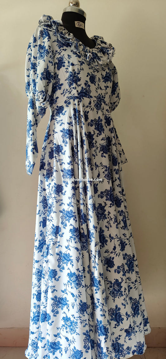 Blue Floral Ruffle Gown – Vintage White Elegance | One of a Kind
