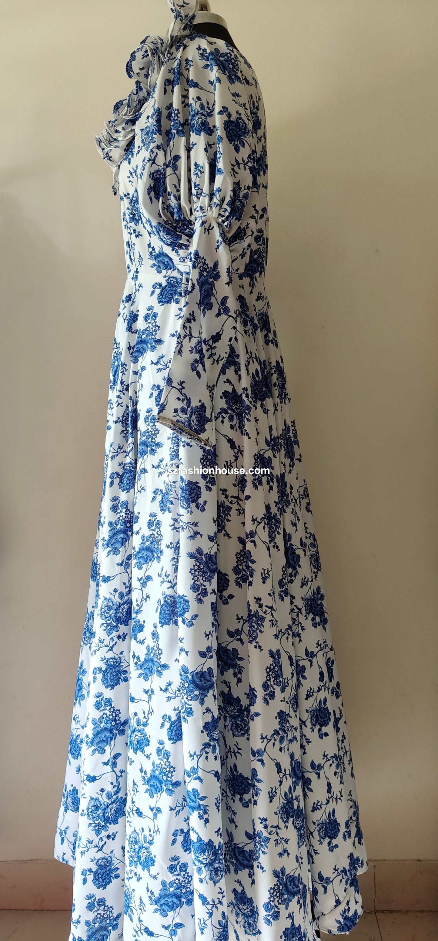 Blue Floral Ruffle Gown – Vintage White Elegance | One of a Kind