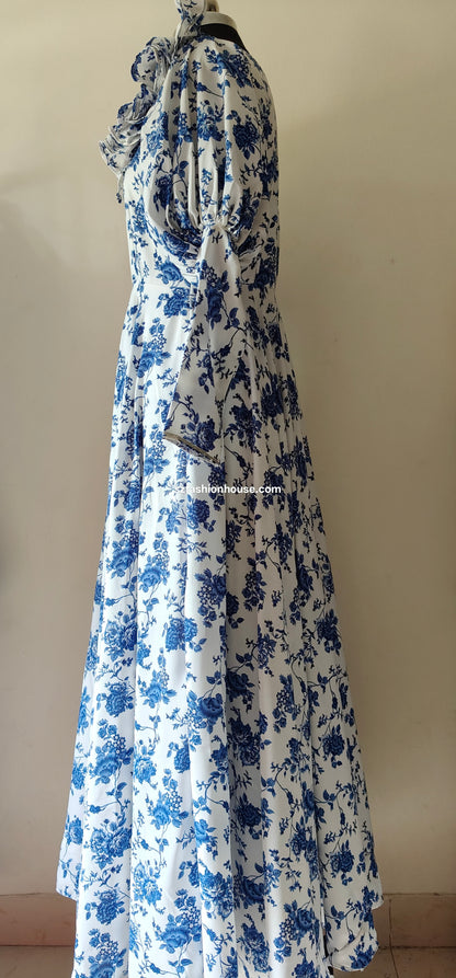 Blue Floral Ruffle Gown – Vintage White Elegance | One of a Kind