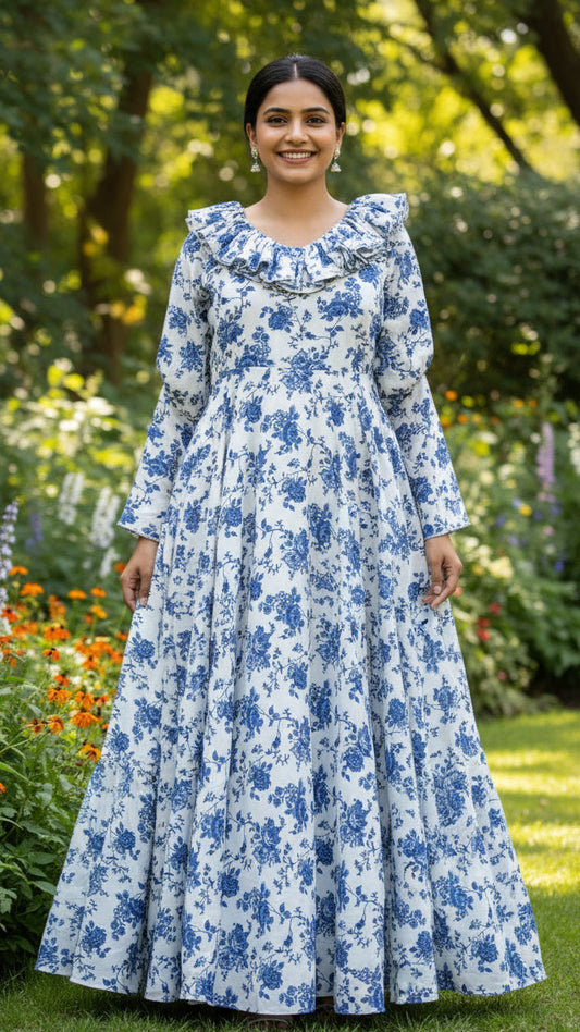 White dress with blue floral pattern - Long Sleeves -  gown for women party wear | cocktail gowns | long party dresses for women