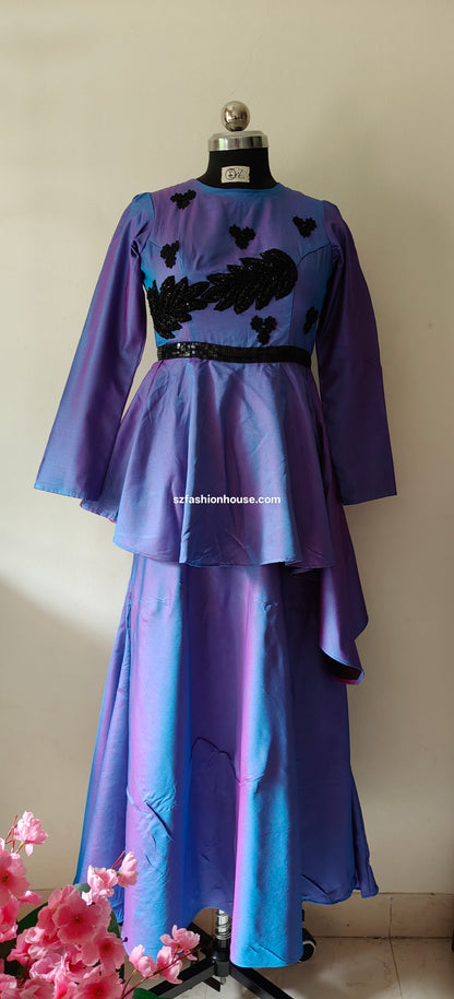 Purple dress with black heart designs - Long Sleeves -  gown for women party wear | cocktail gowns | long party dresses for women