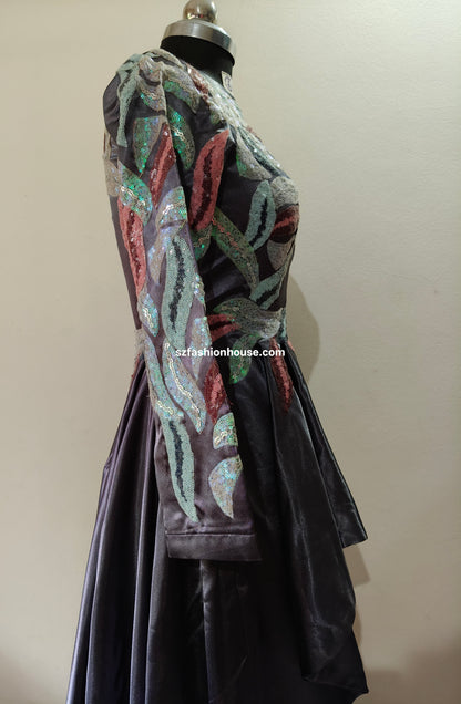 Elegant Grey Satin Gown with Sequin Patchwork – Size M
