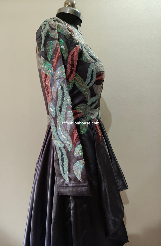 Elegant Grey Satin Gown with Sequin Patchwork – Size M