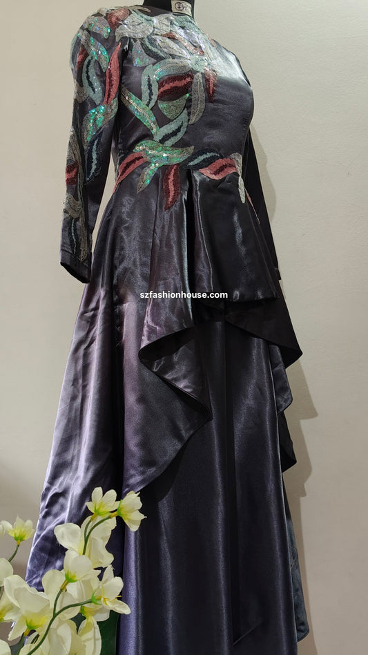 Elegant Grey Satin Gown with Sequin Patchwork – Size M
