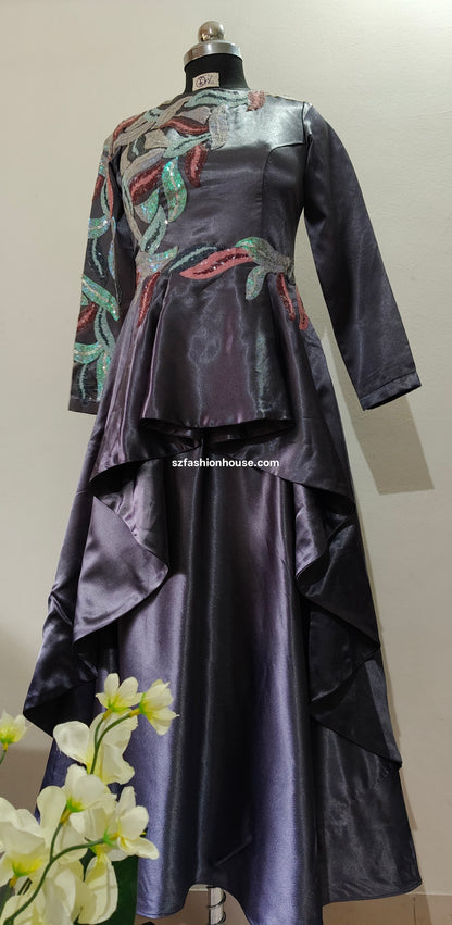 Elegant Grey Satin Gown with Sequin Patchwork – Size M
