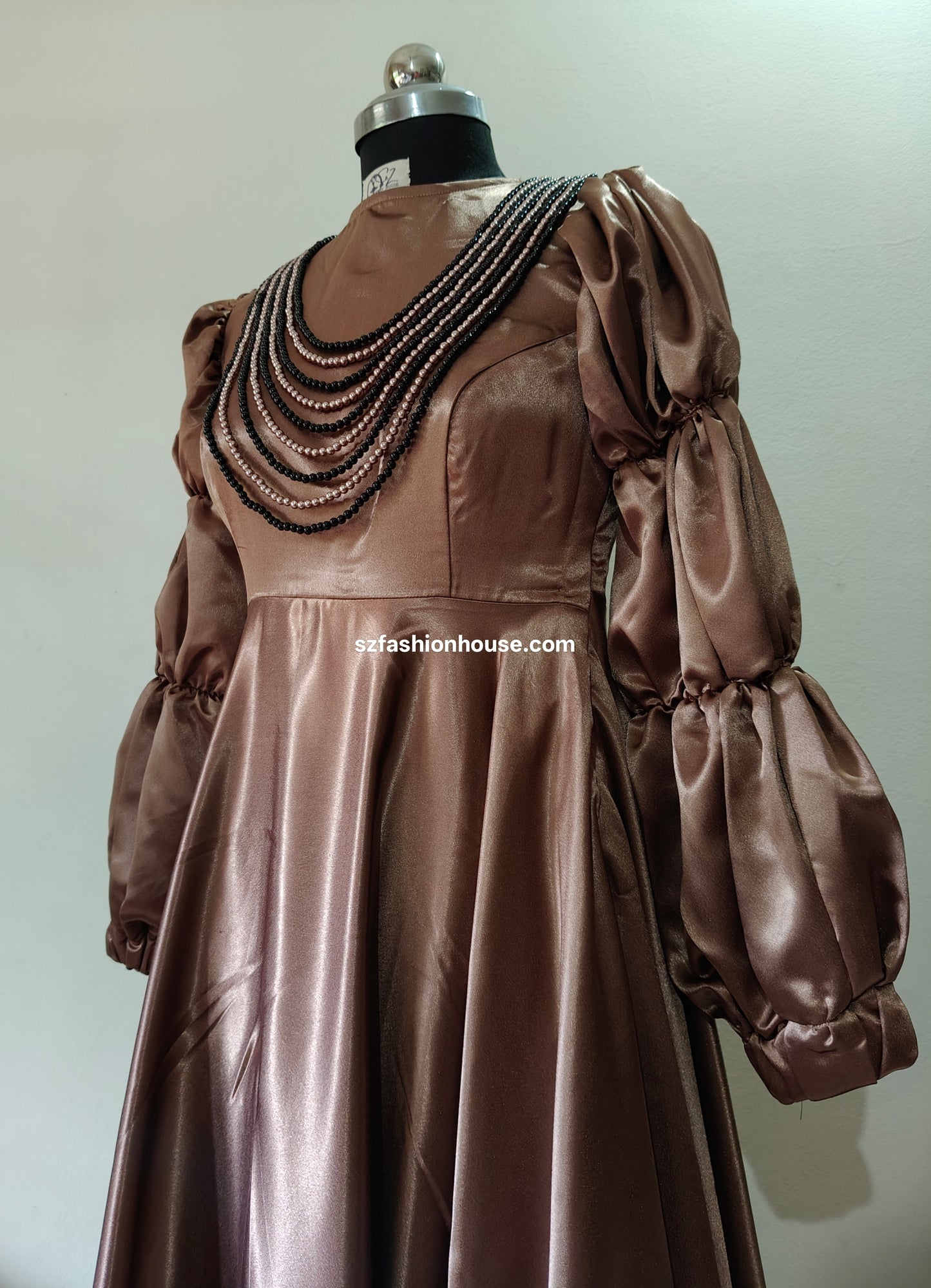Glossy Brown Satin Gown with Puff Sleeves