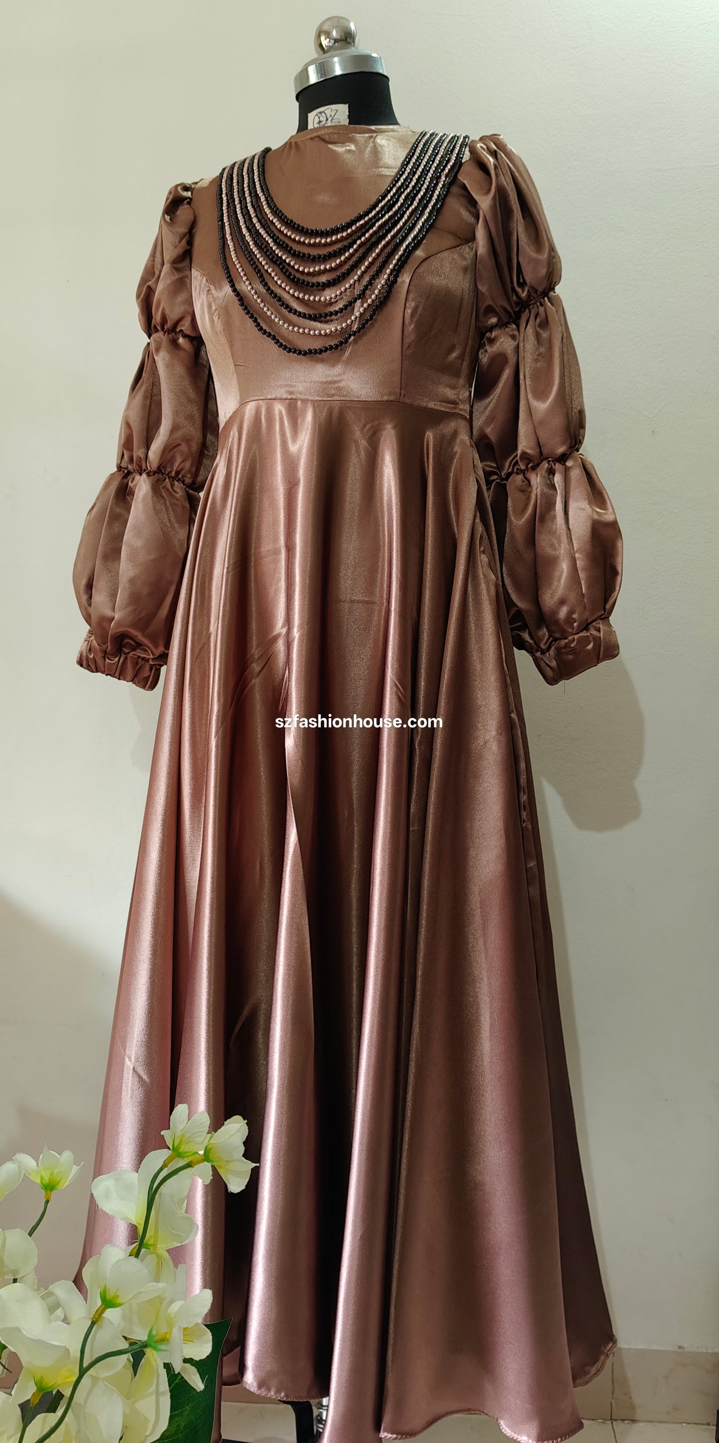 Glossy Brown Satin Gown with Puff Sleeves
