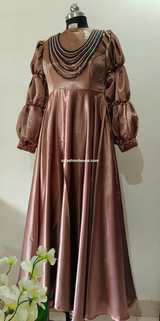 Glossy Brown Satin Gown with Puff Sleeves