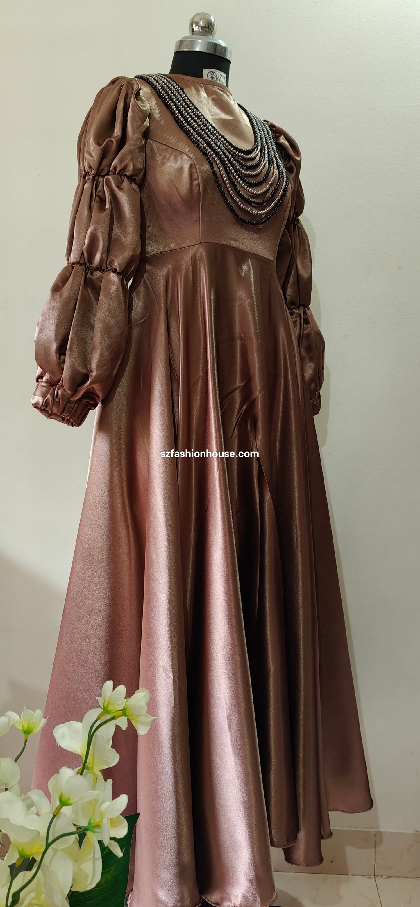 Glossy Brown Satin Gown with Puff Sleeves