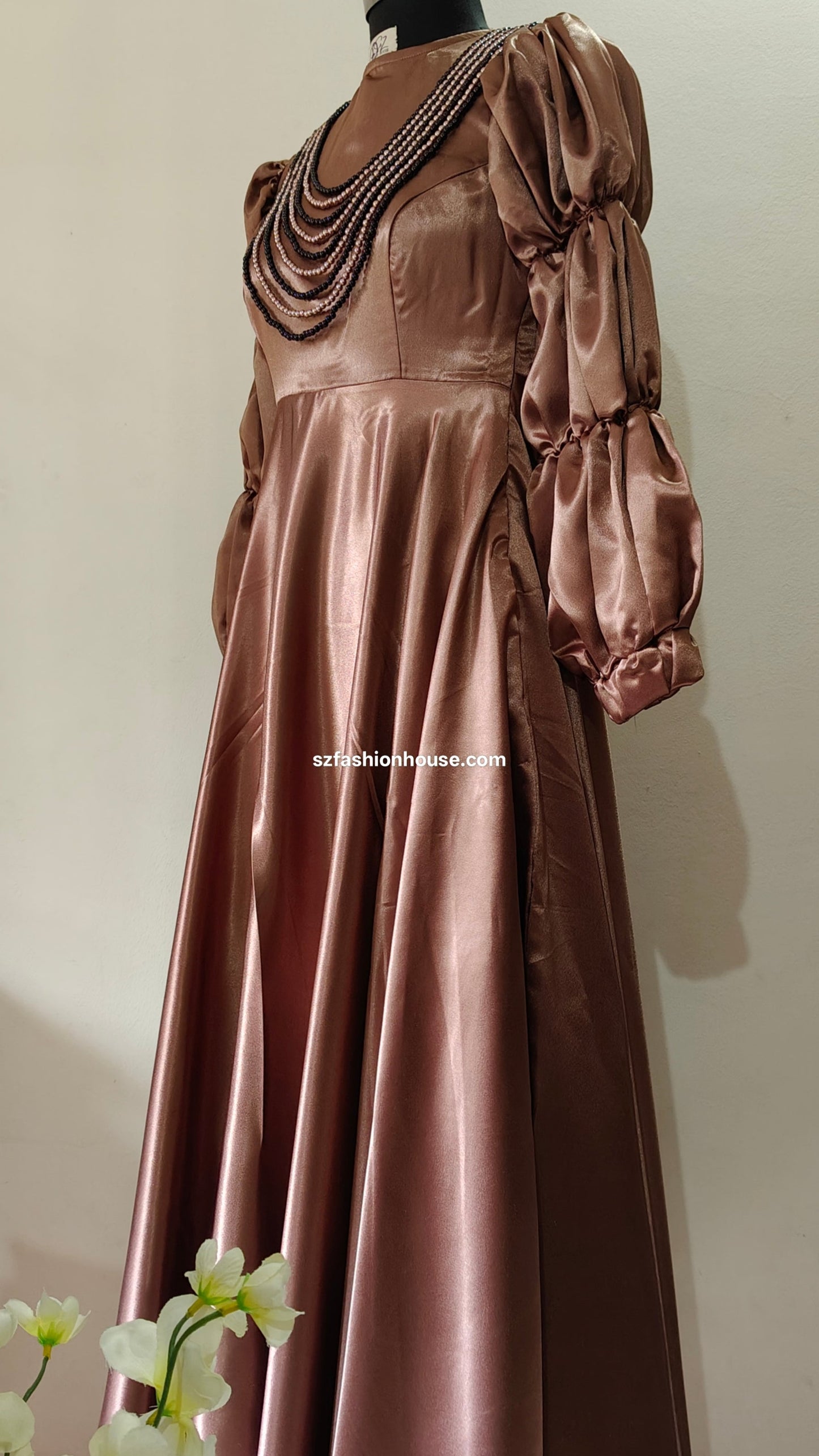 Glossy Brown Satin Gown with Puff Sleeves