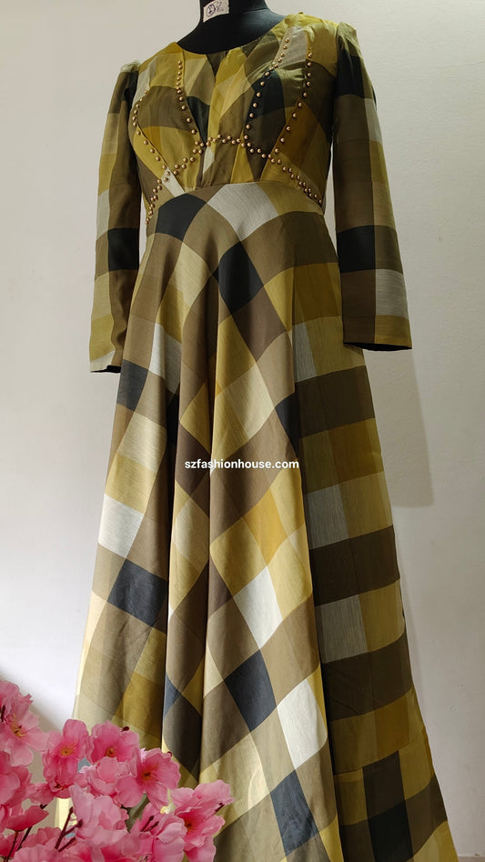 Olive Checkered Beaded Gown