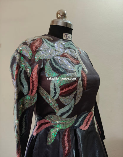 Elegant Grey Satin Gown with Sequin Patchwork – Size M