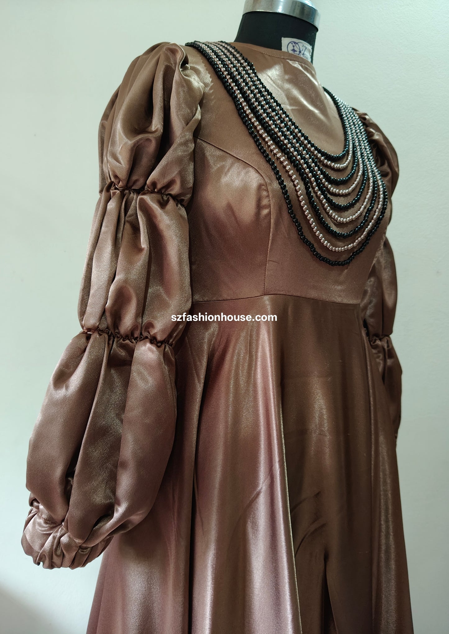 Glossy Brown Satin Gown with Puff Sleeves