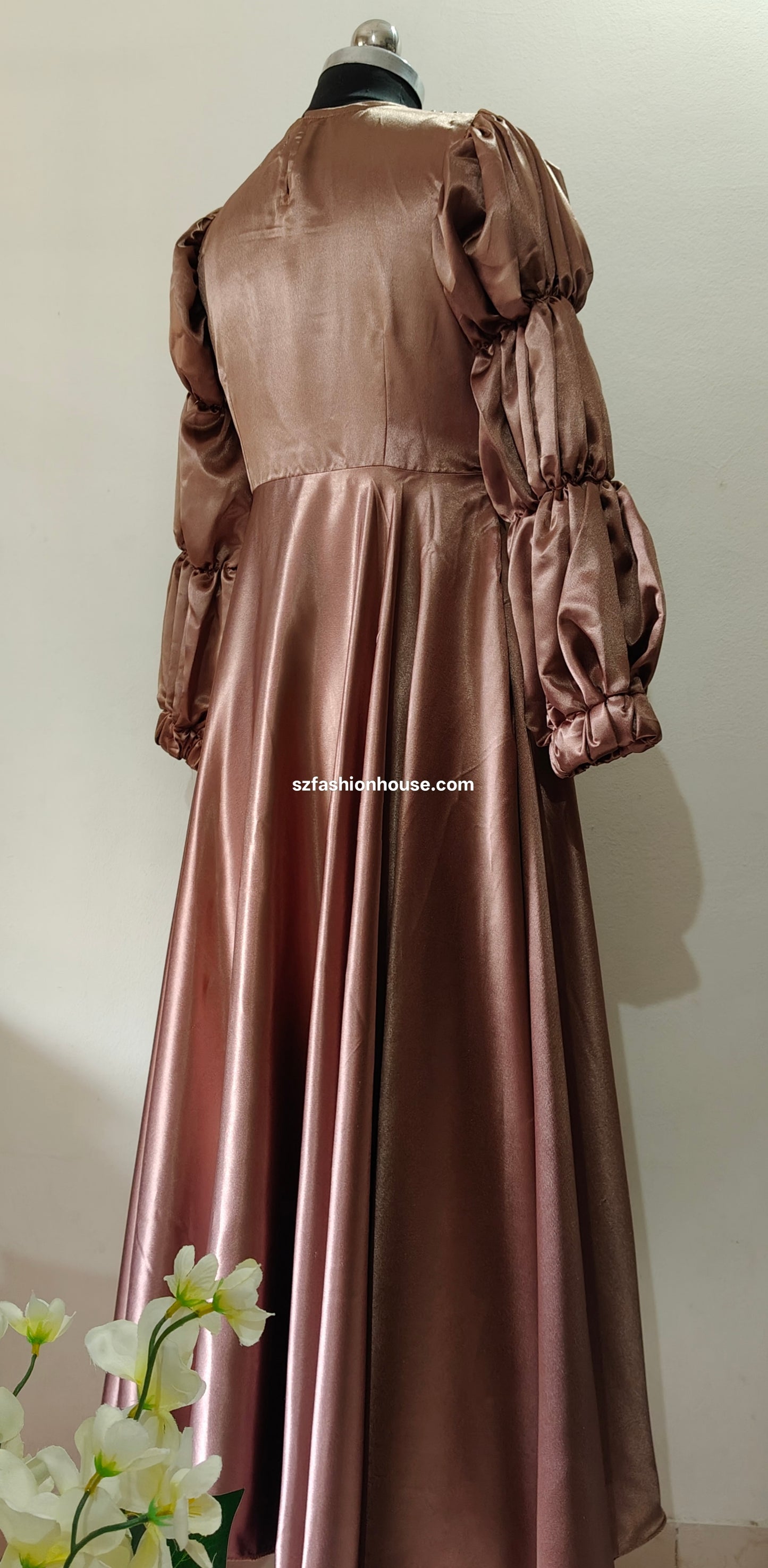 Glossy Brown Satin Gown with Puff Sleeves