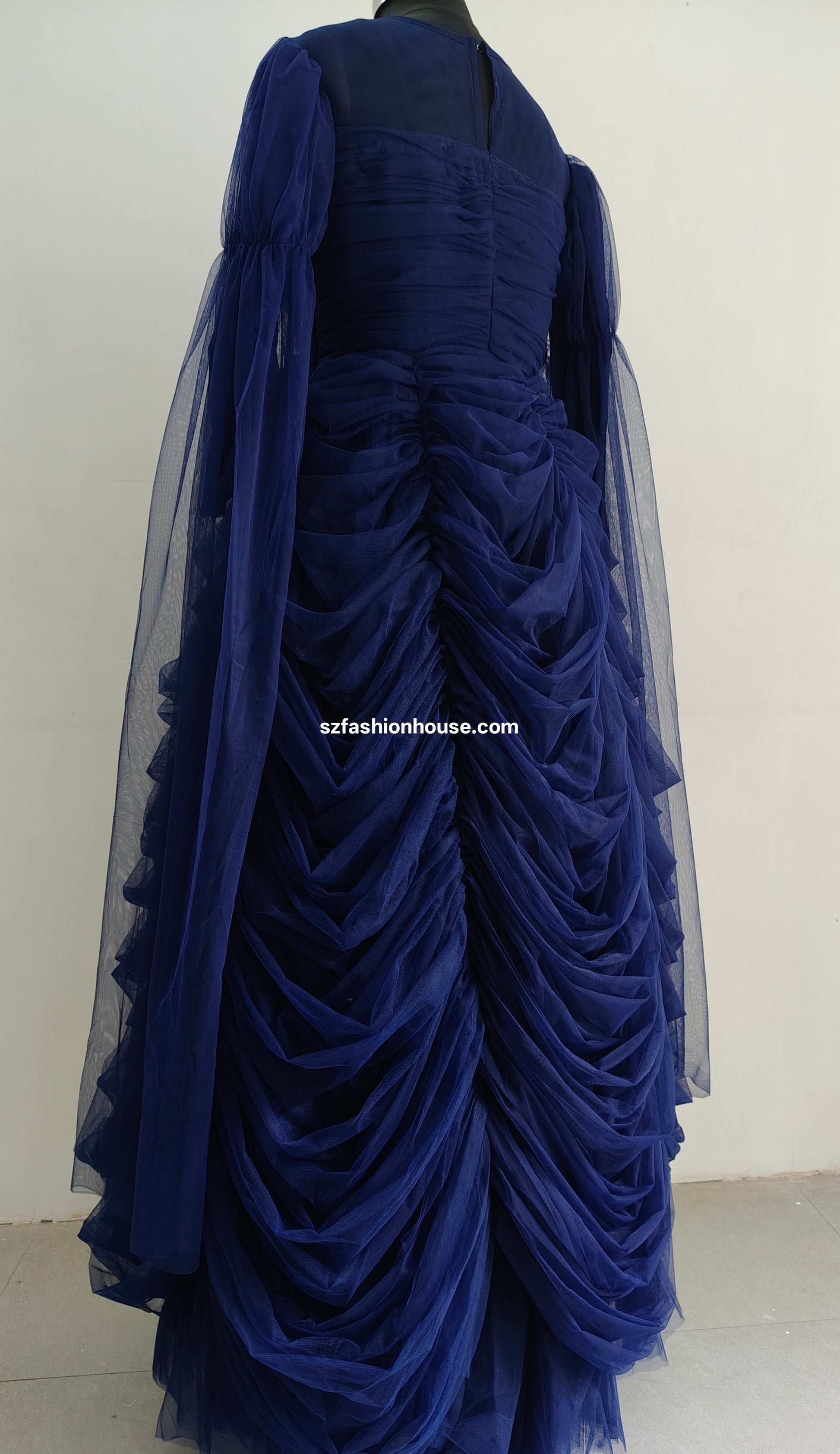 Blue evening gown with ruched details - Long Sleeves -  gown for women party wear | cocktail gowns | long party dresses for women