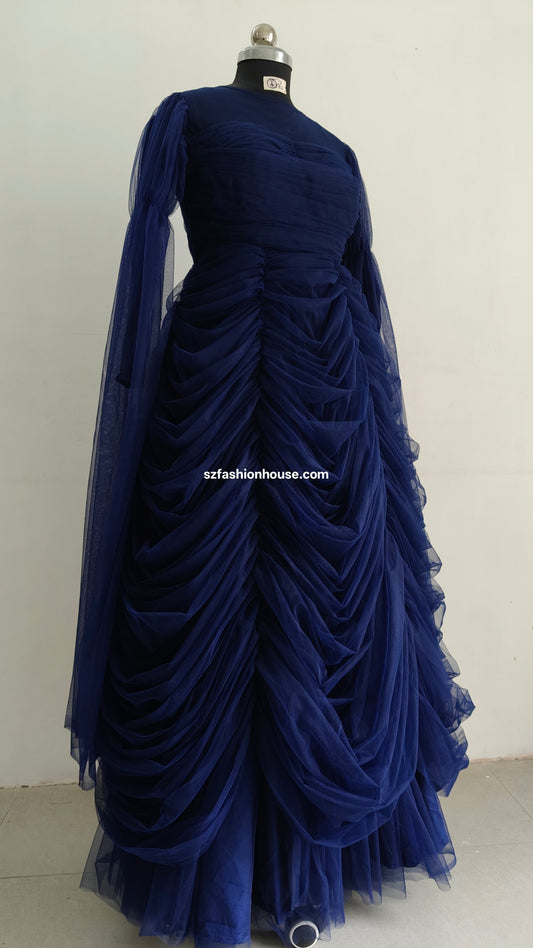 Navy Blue Ruched Tulle Gown