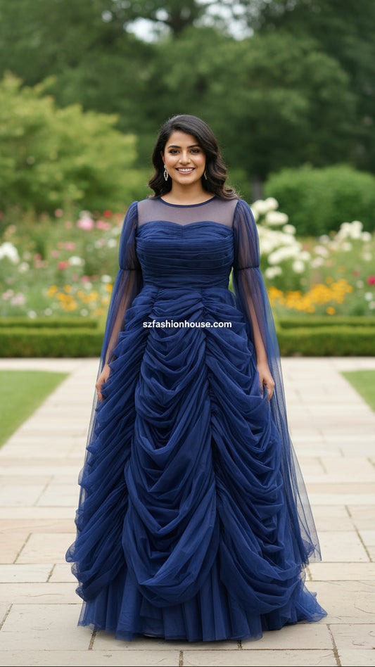  Navy blue evening gown - Long Sleeves -  gown for women party wear | cocktail gowns | long party dresses for women
