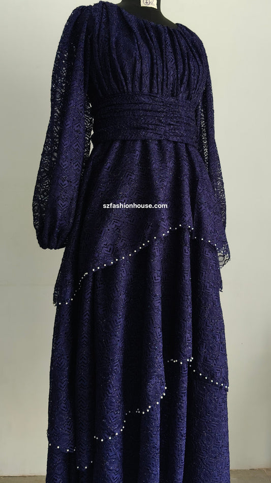 Navy Blue Lace Party Gown