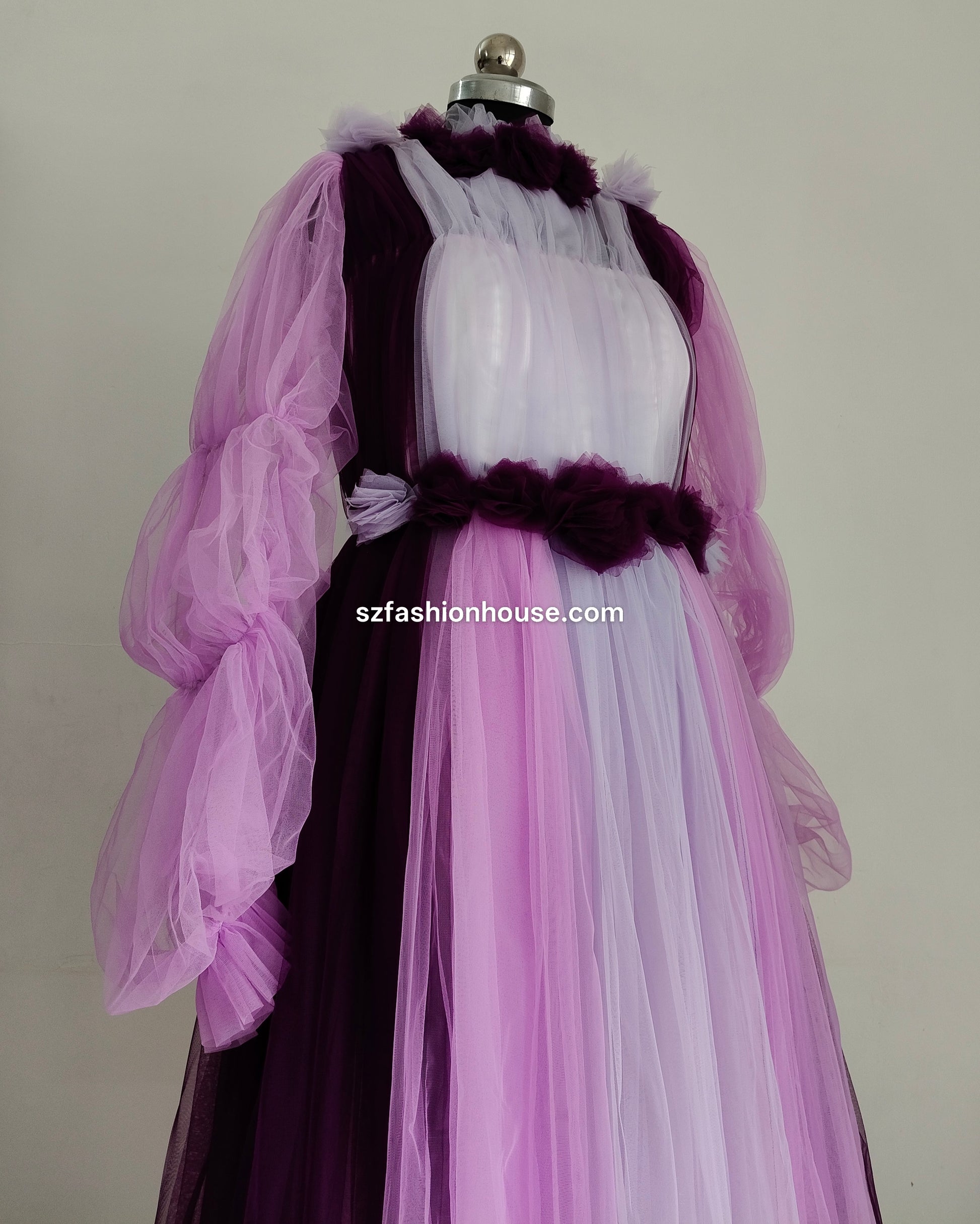 lavender color dresses for women Violet Lavender Layered Tulle Gown | Long Sleeves - gown for women party wear | cocktail gowns
