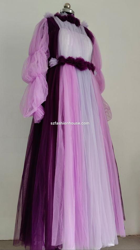 Violet Lavender Layered Tulle Gown