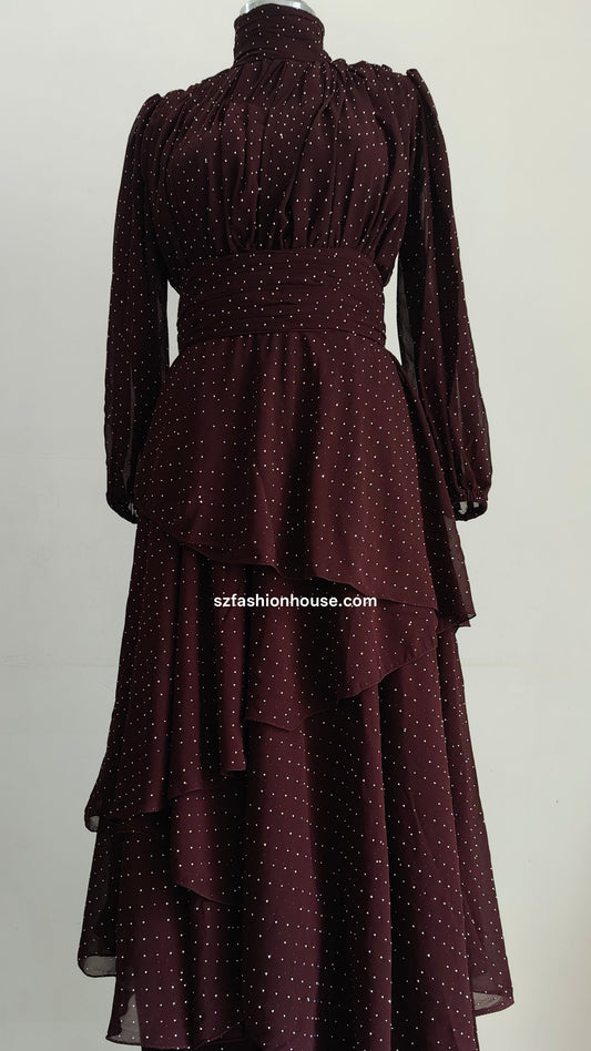 Brown Layered Polka Dot Gown
