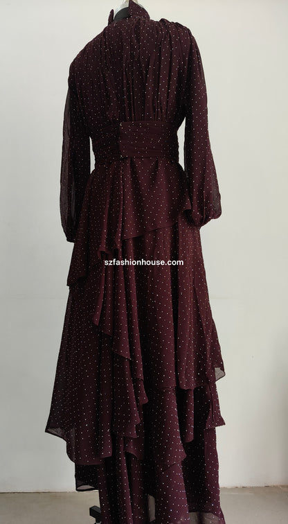 Brown Layered Polka Dot Gown