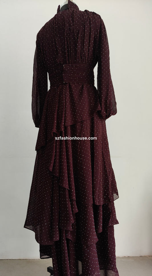 Brown Layered Polka Dot Gown