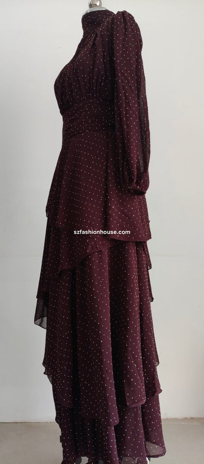 Brown Layered Polka Dot Gown
