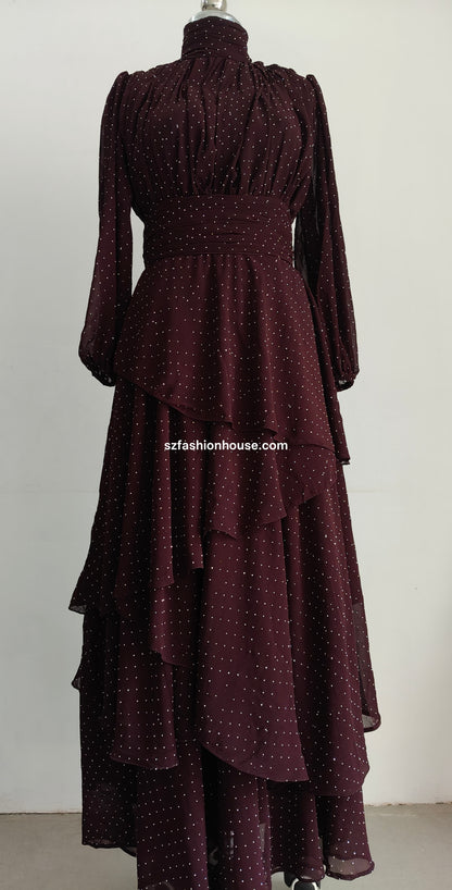 Brown Layered Polka Dot Gown