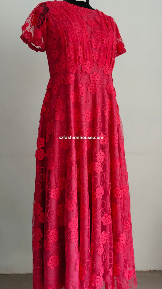 Red Floral Embroidered Net Gown