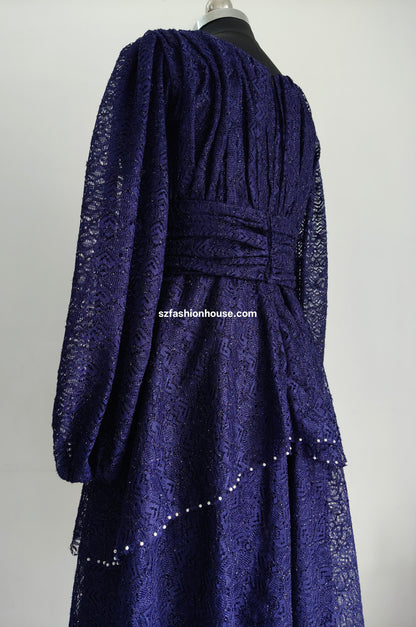 Navy blue lace dress - Long Sleeves -  gown for women party wear | cocktail gowns | long party dresses for women