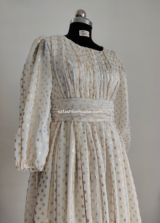 White dress with gold polka dots - Long-Sleeves -  gown for women party wear | cocktail gowns | long party dresses for women