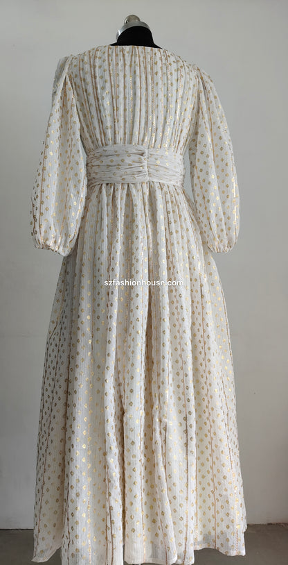 Long, light-colored dress with a belt - Long-Sleeves -  gown for women party wear | cocktail gowns | long party dresses for women