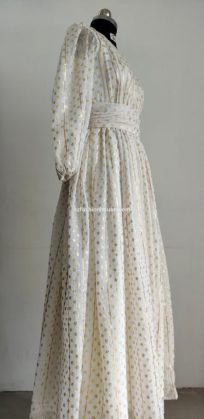 Long, light-colored dress with a subtle pattern - Long-Sleeves -  gown for women party wear | cocktail gowns | long party dresses for women