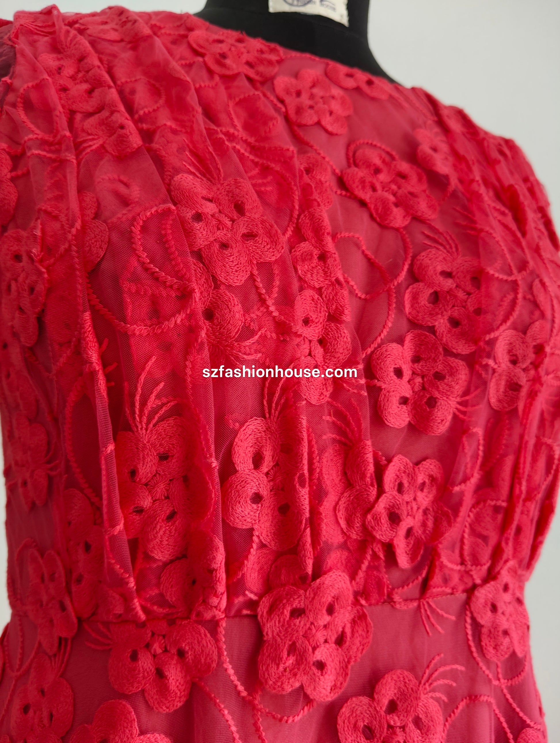 Red lace fabric - Short Sleeves - Women's gowns | gown for women party wear