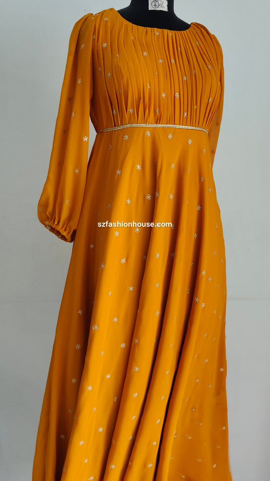 Mustard yellow dress with white patterns- Long-Sleeves -  gown for women party wear | cocktail gowns | long party dresses for women