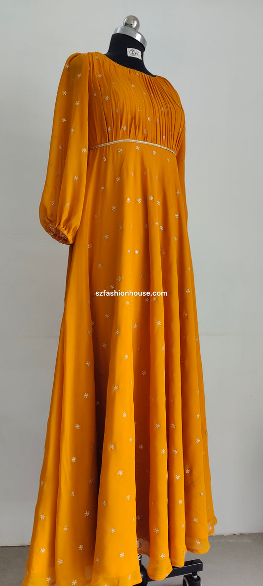 Mustard yellow dress with white patterns- Long-Sleeves -  gown for women party wear | cocktail gowns | long party dresses for women