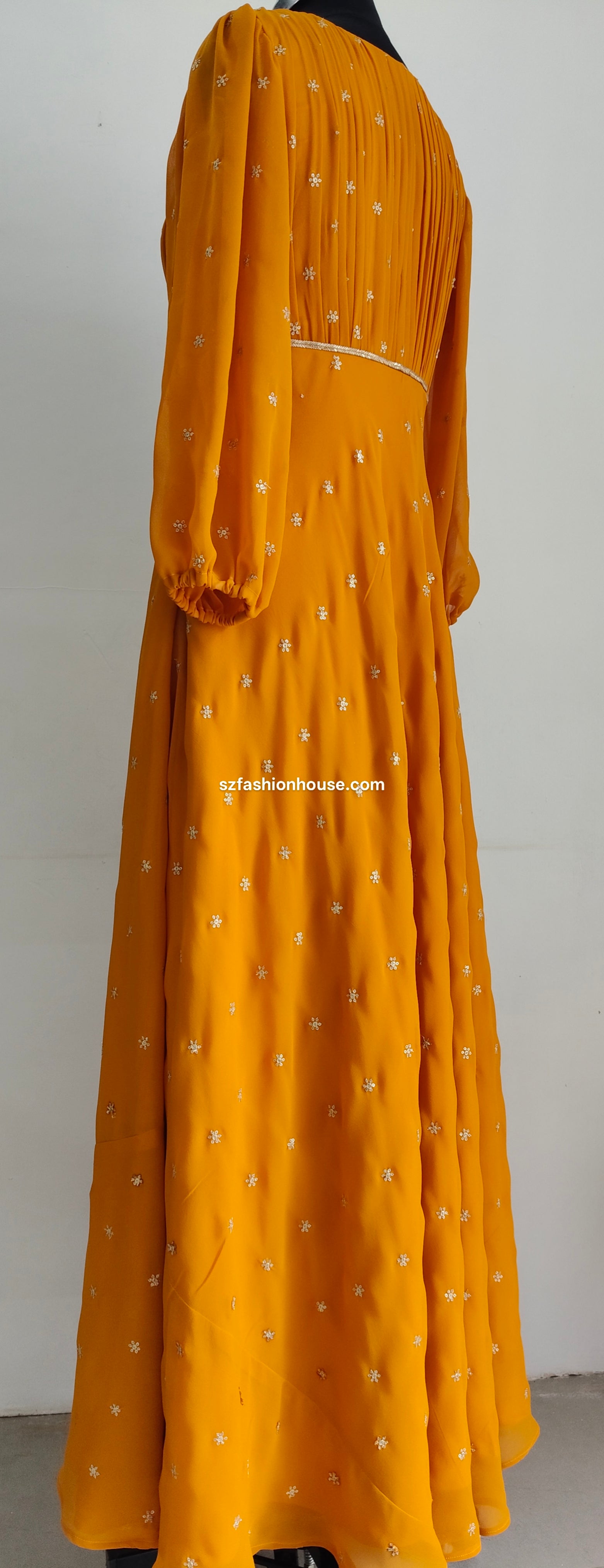 Mustard yellow dress with white patterns - Long-Sleeves -  gown for women party wear | cocktail gowns | long party dresses for women