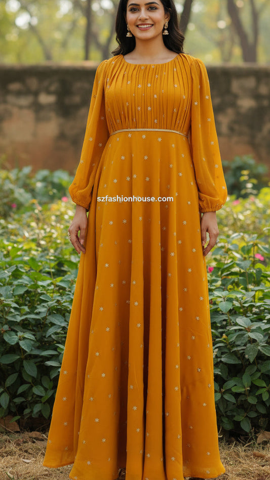 Mustard yellow dress with white patterns - Long-Sleeves -  gown for women party wear | cocktail gowns | long party dresses for women