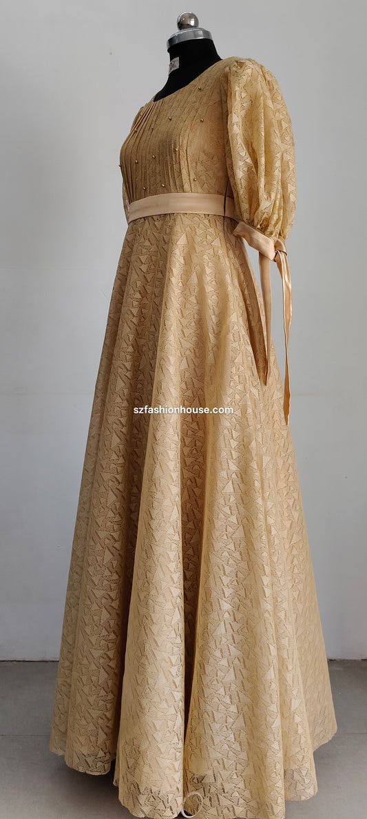 Beige lace dress - long gown for women | party wear gown