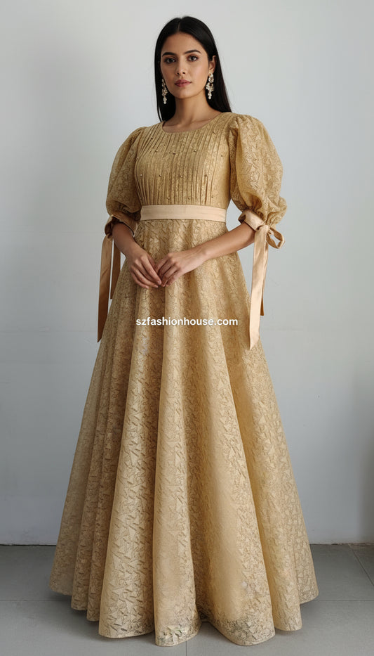 Vintage-style beige dress - long gown for women | party wear gown