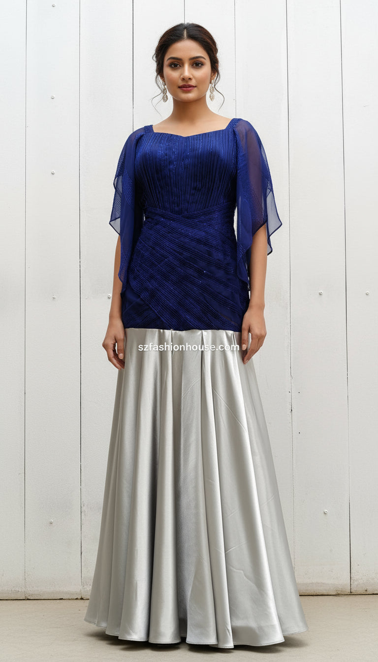 Blue top and silver skirt 