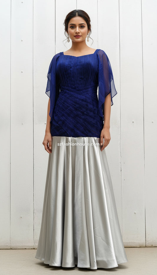Blue top and silver skirt 