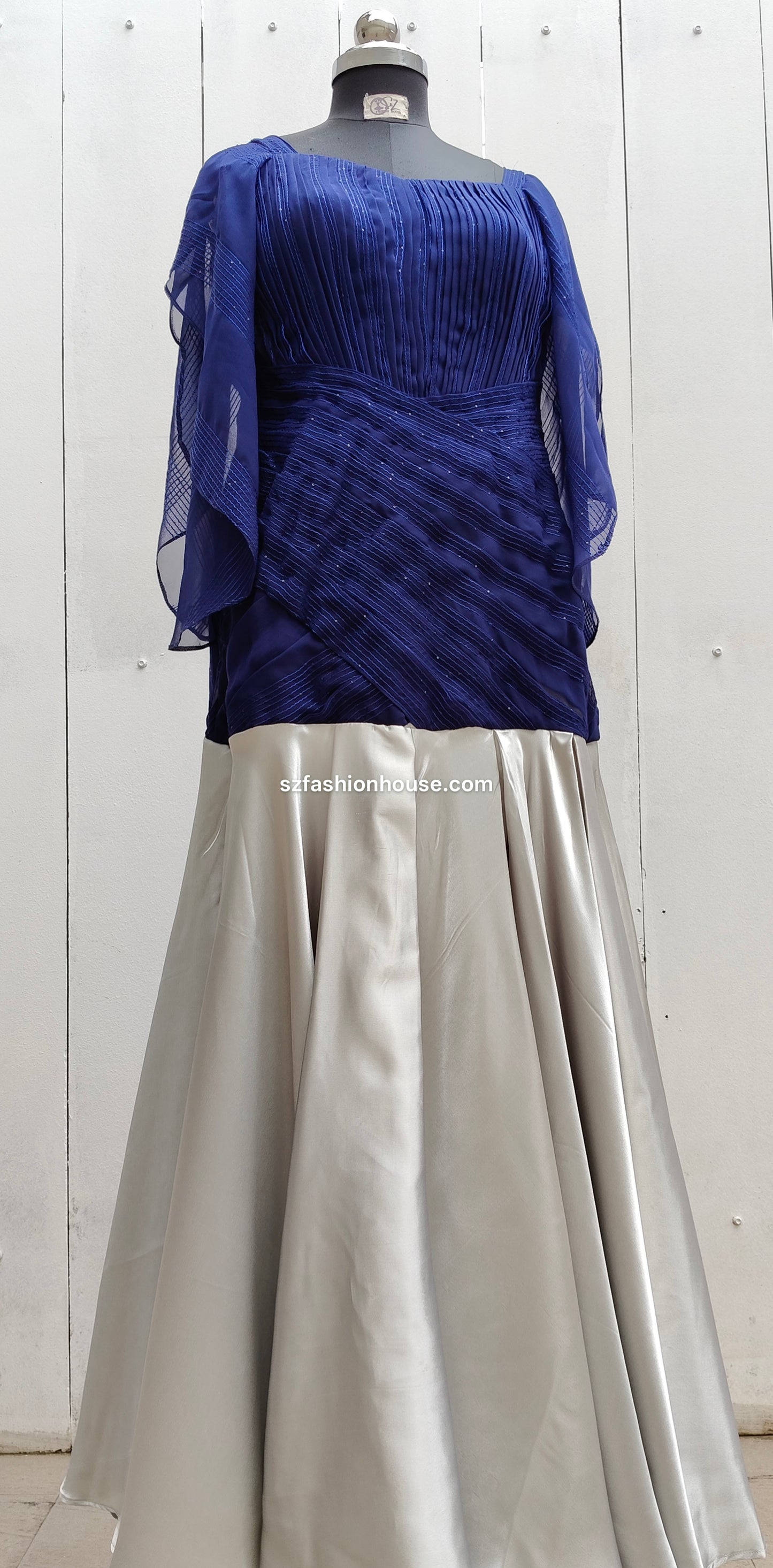Blue top and silver skirt gown