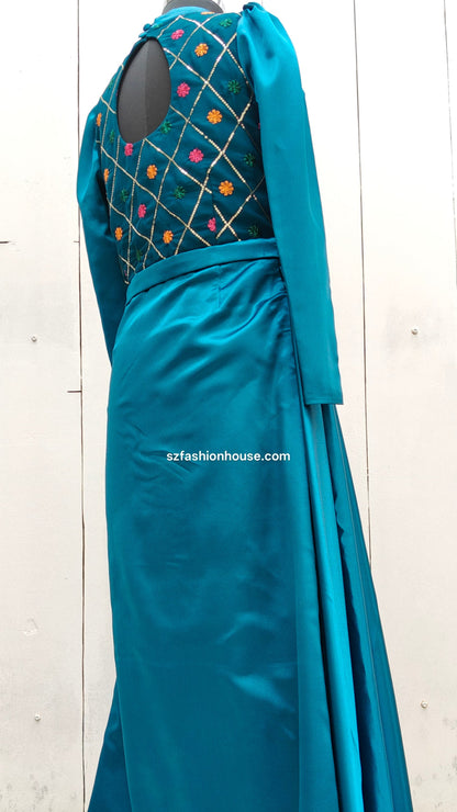 Teal saree with embroidered blouse 