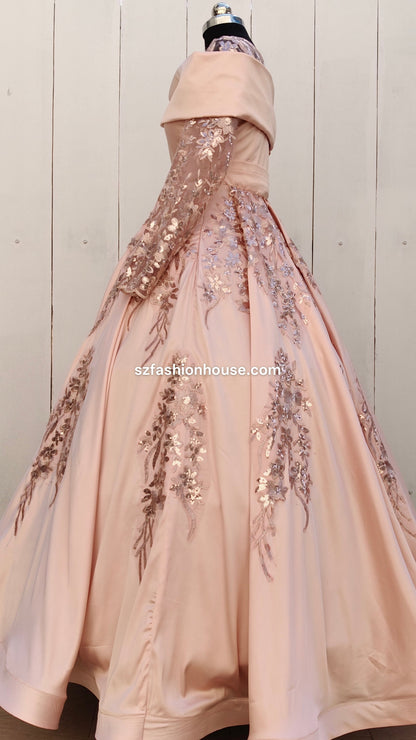 Beige evening gown with floral embroidery