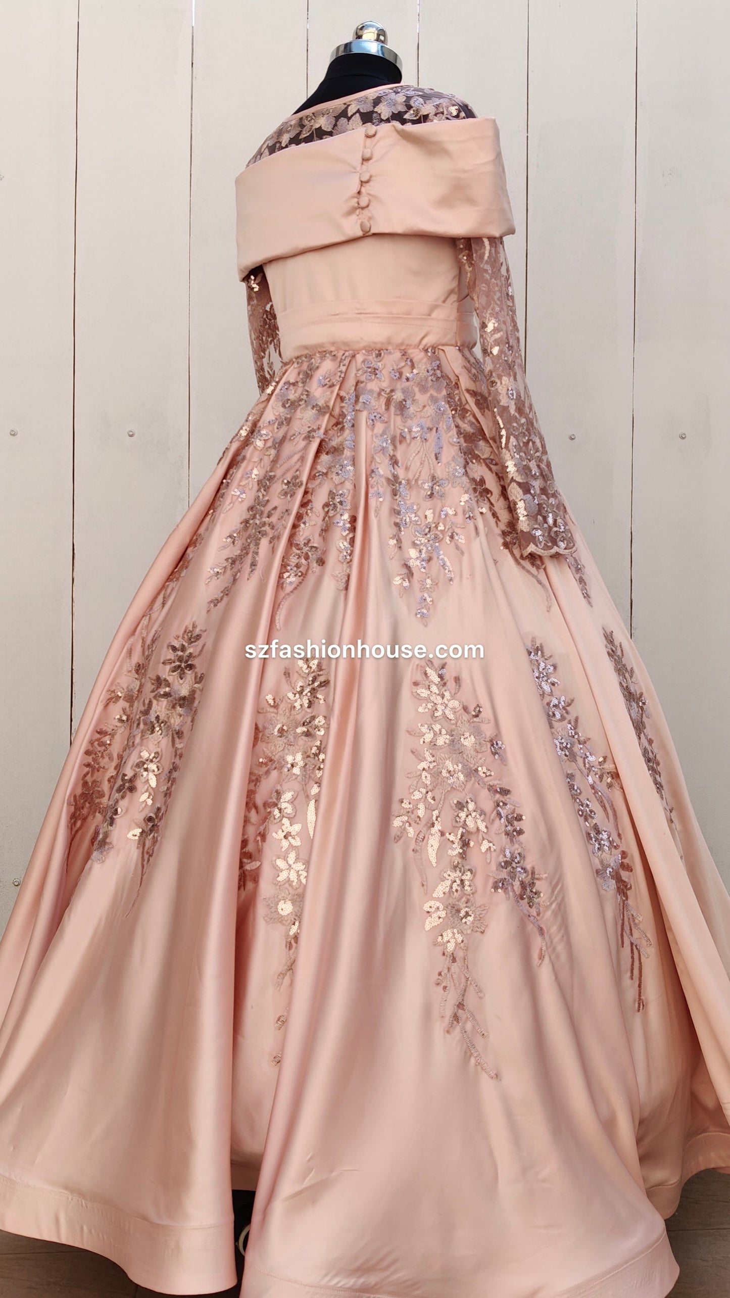Beige evening gown with floral embroidery 