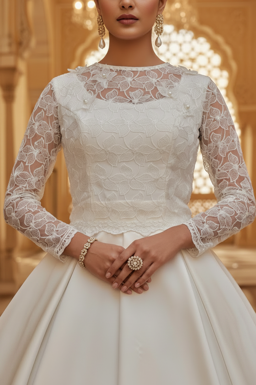Woman wearing a white lace wedding dress in an elegant indoor setting. White wedding dress 