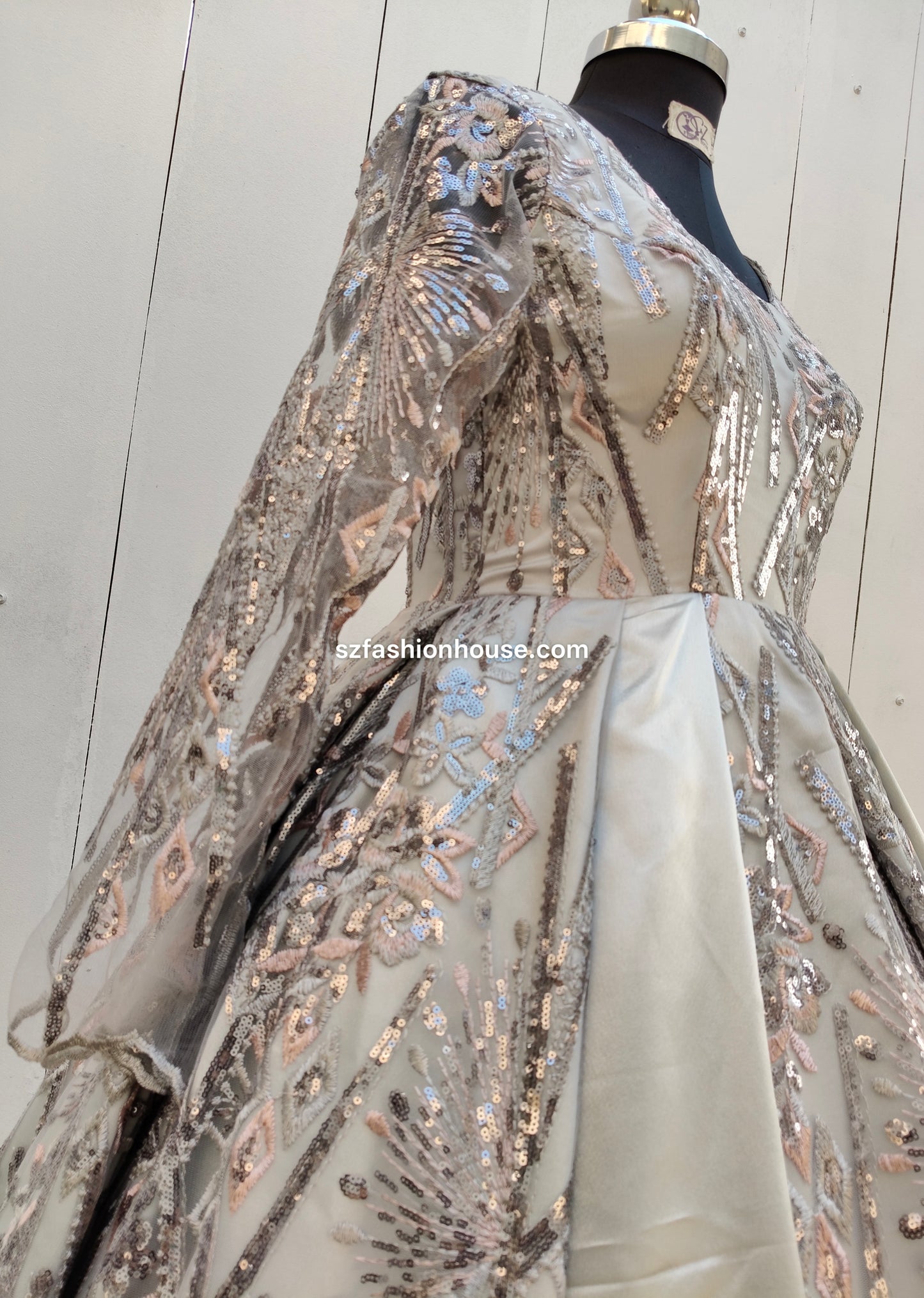 Elegant silver embroidered fabric- grey turkish ball gown