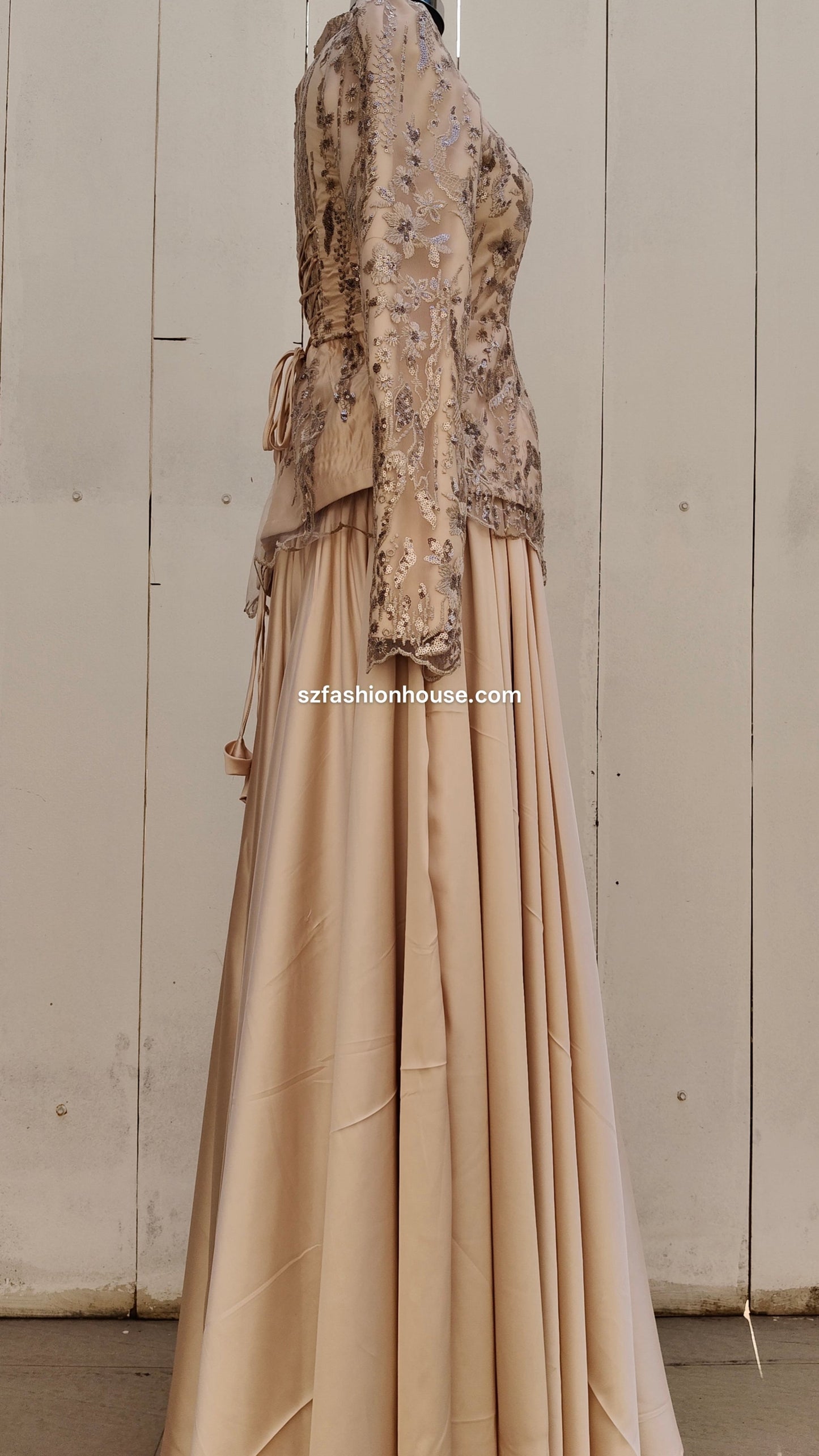 Long beige dress with floral top 